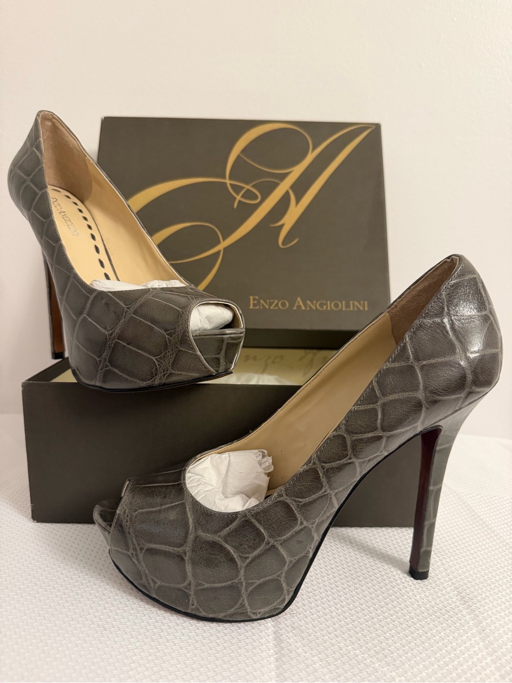 Enzo Angiolini Gray Croc-Embossed Peep-Toe Stiletto Heels